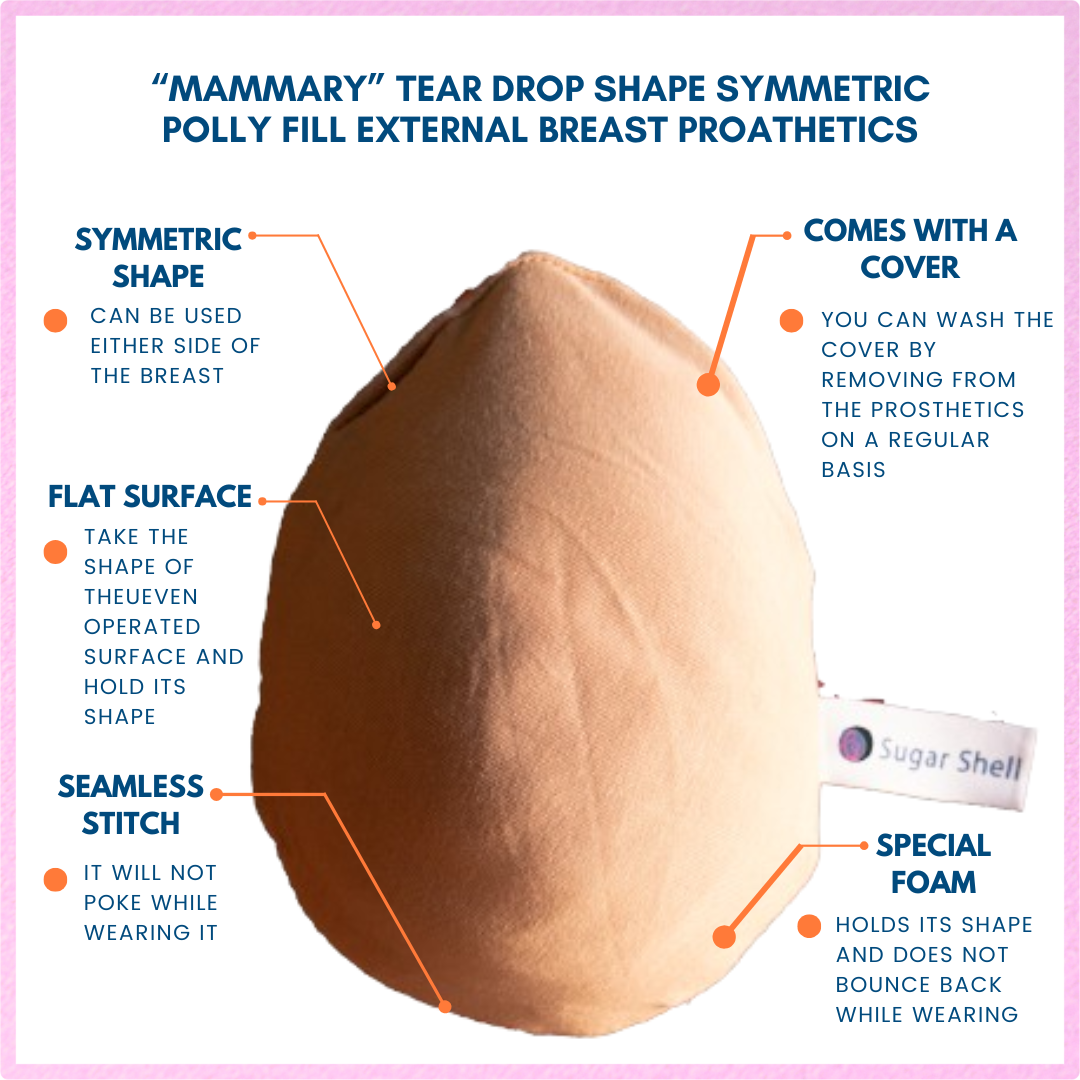 Mammary Breast Prosthetics With Cover (Removable, Washable, Light Weight, Polyfil, Symmetric Tear Drop) – For Post Surgery, Cancer | Pack of 1